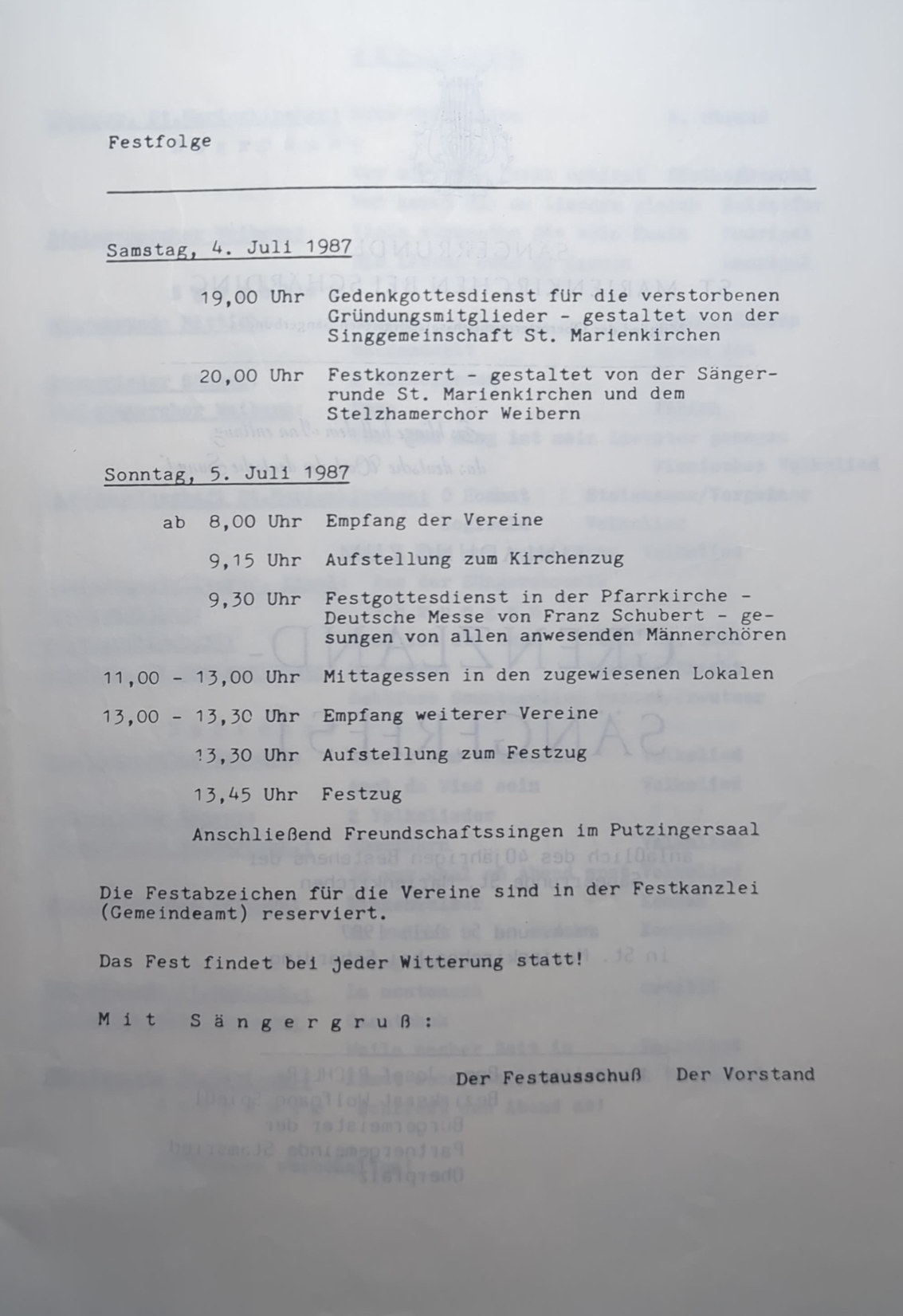 Die Festfolge für den 4. und 5. Juli 1987