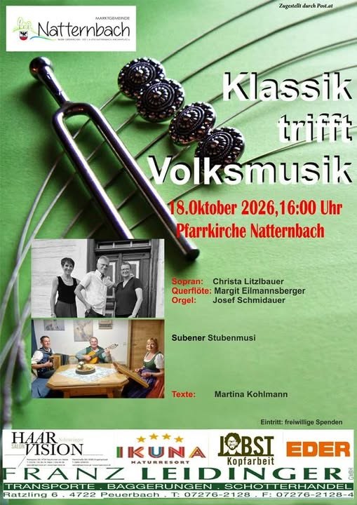 Klassik trifft Volksmusik, am 18. 10. 2026 um 16 Uhr in Natternbach, Pfarrkirche
