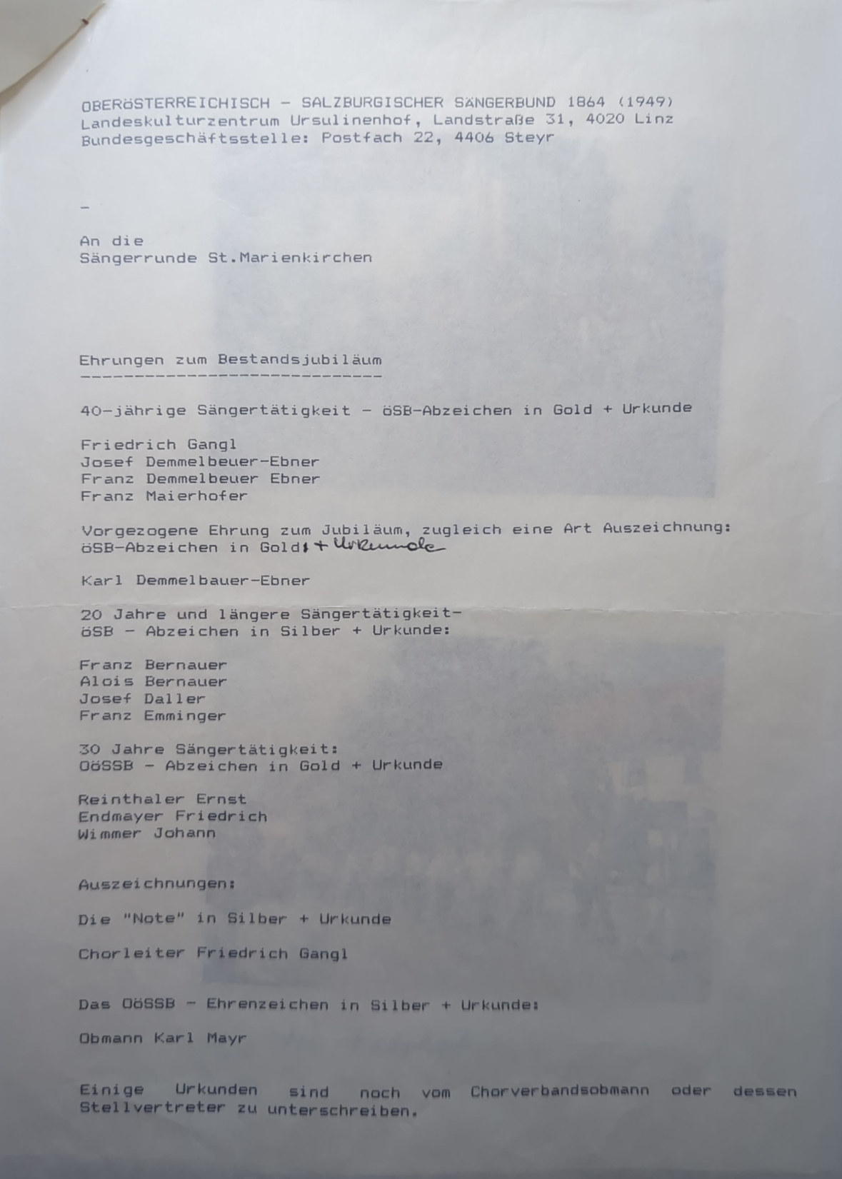 Das Schreiben des Sängerbundes: „Ehrungen zum Bestandsjubiläum“